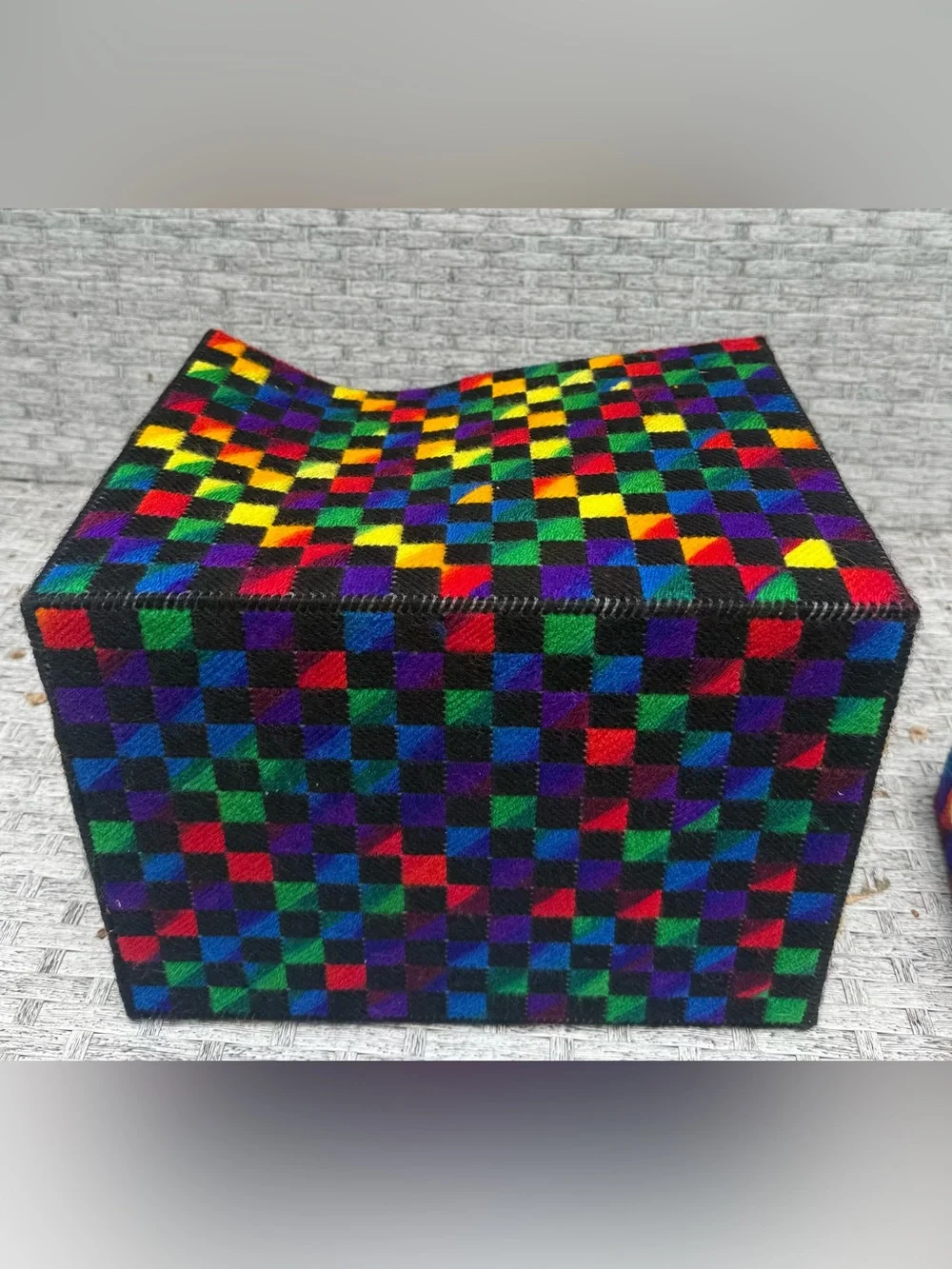 Vintage (>50 years) Handmade Rainbow Plastic Canvas Trinket Box Lid Chekerboard